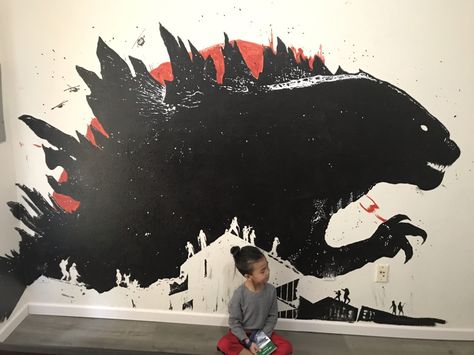 Lucas wanted a Godzilla in his room. Boys Godzilla Bedroom, Godzilla Room Ideas, Godzilla Mural, Godzilla Bedroom, Godzilla Room, Murals Wall Art, Snoopy Valentine's Day, Spiderman Room, Wall Art Images