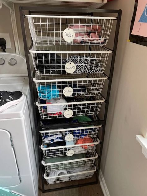 The IKEA JONAXEL Storage Tower is the Best Laundry Sorter | Apartment Therapy Ikea Basket Storage, Laundry Room Dresser, Best Laundry Baskets, Diy Laundry Basket Storage, Family Laundry System, Laundry Sorting System, Laundry Room Ikea, Ikea Jonaxel, Ikea Laundry Basket