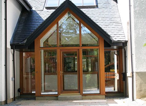 Fully glazed porch Oak Glass Porch, Timber Framed Extension, Composite Stable Door, Gable Roof Porch, Oak Cottage Door External, Dormer House, Oak Framed Outbuilding, Small House Extensions, Porch Extension