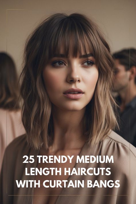 Flaunt your style with these 25 medium-length haircuts showcasing curtain bangs. Ideal for a fresh, modern look with a hint of elegance. #HairInspo #MediumCuts Medium Hair Length With Bangs, Bangs With Shoulder Length Hair, Layered Lob With Curtain Bangs, Straight Hair Curtain Bangs, Shoulder Length Hair With Curtain Bangs, Medium Hair With Curtain Bangs, How To Style Curtain Bangs, Trendy Medium Length Haircuts, Medium Hair With Bangs