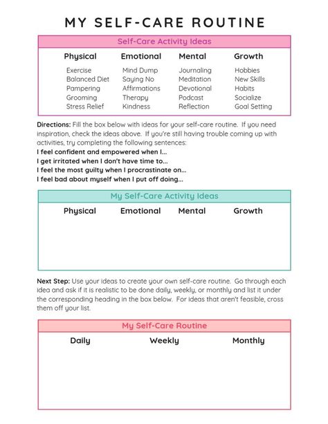 Self-care routine worksheet. A free printable worksheet to help you create a self care routine. Self care ideas for your body and mind that you can turn into a daily, weekly, and monthly self care routine. #printables #selfcare #selflove #freeprintable #selfcareroutine #selfcareroutineworksheet #selfcareworksheet Daily Self Care Routine Template, Creating A Self Care Routine, Self Care Monthly Routine, Self Care Categories, Self Care Action Plan, Creating A Daily Routine, Self Care Worksheets For Women, Self Care Worksheet Free Printable, Wellbeing Worksheet