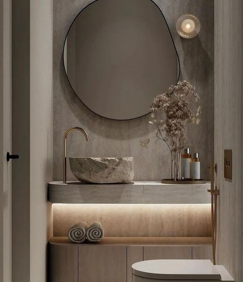 Yasmeen Wassim, Wabi Sabi Home Interior Design, Modern Powder Room Design, Stylish Bathroom Design, Minimalistic Interior Design, Minimalistic Bathroom, Modern Powder Room, Wall Color Combination, Small Toilet Room