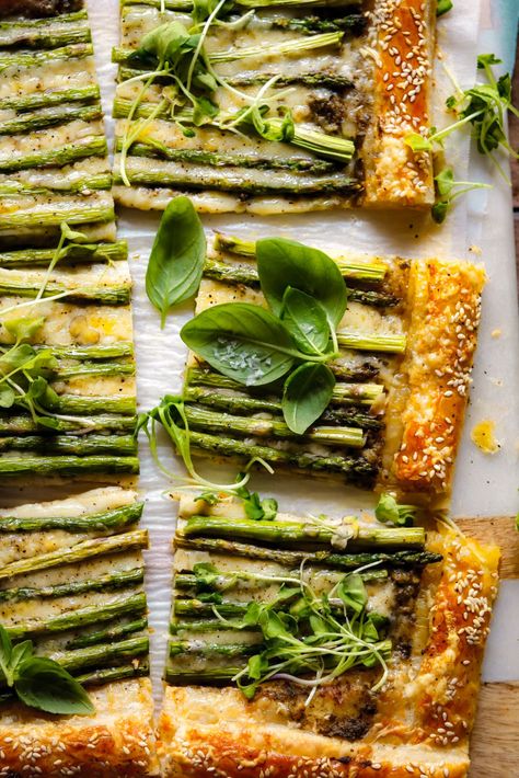 Stun your spring party guests with this easy, buttery, cheesy tart featuring crisp asparagus and a good heap of delicious pesto. Looks like it took hours but in reality took less than one! Springtime Appetizers, Crisp Asparagus, Gruyere Tart, Cheese Puff Pastry, Puff Pastry Sheets, Pastry Sheets, Spring Party, Party Guests, Fresh Basil