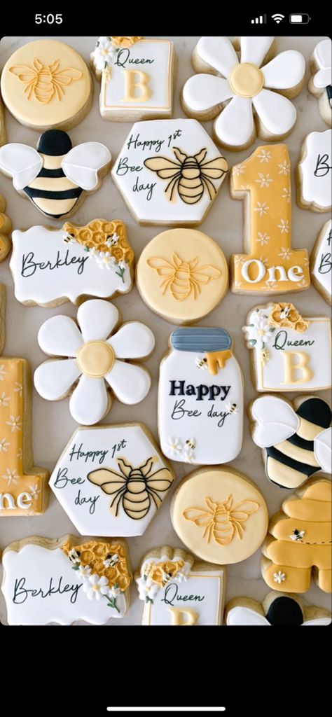 It's Fun To Bee One, One Sweet Honey Birthday, Two Busy Bee Birthday, One Year Old Birthday Bee Theme, Happy Bee Day Cookies Decorated, Bees First Birthday, Bee Themed Birthday Party 3, Honey Bee One Year Birthday, Queen Bee First Birthday