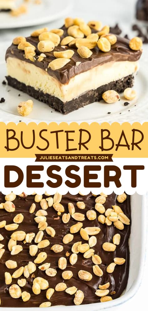 Looking for an easy summer dessert recipe? Try this Buster Bar Dessert! It starts with an Oreo crust, layer of vanilla ice cream and is topped with homemade fudge and peanuts. It also makes an easy Spring treat! Buster Bars Homemade, Big Group Dessert Ideas, Peanut Buster Bar Ice Cream Dessert, Easy Ice Cream Desserts Quick, Buster Bar Ice Cream Dessert, Semi Homemade Desserts, Buster Bar Dessert, Buster Bar, Buster Bars