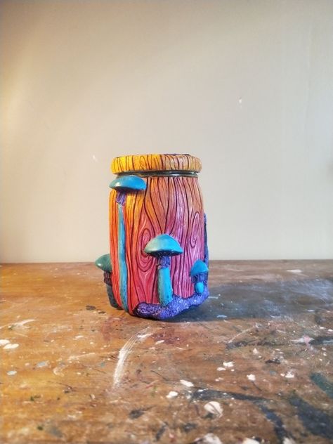 Air Dry Clay Stash Jar, Stash Jar Ideas Diy Polymer Clay, Air Dry Clay Jar Ideas, Polymer Clay Stash Jar, Trippy Clay Art, Air Dry Clay Jar, Air Dry Clay Mug, Clay Jar Ideas, Clay Stash Jar