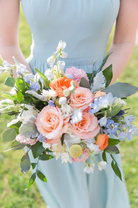 Wedding Flowers With Blue Dresses, Summer Bouquet Flowers Wedding, Springtime Wedding Flowers, Dusty Blue And Peach Wedding Flowers, Coral And Blue Wedding Flowers, White And Pastel Bouquet, Pink Peach Blue Wedding Flowers, Simple Spring Bouquet, Simple Spring Wedding Flowers