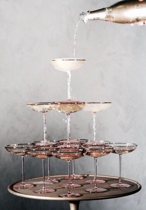 What if we just stack the champagne glasses (and put cool labels on the bottles) for centerpieces? #champagne #celebrate Ladies Who Lunch, Champagne Tower, Super Party, Bath Girls, Champagne Glasses, Party Drinks, Tiered Cake Stand, Gatsby, Best Part Of Me