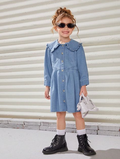 Medium Wash Cute Collar Long Sleeve Denim Plain Shirt Embellished Non-Stretch  Young Girls Clothing Girls Denim Dress, Girl Patches, Statement Collar, Denim Dresses, Plain Shirt, Plain Shirts, Girls Denim, Girls Clothing, Dress P