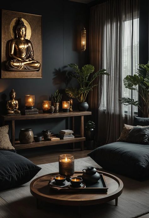 35 Gorgeous Dark Boho Living Room Inspirations 30 Black Boho Room Ideas, Dark Boho Studio Apartment, Dark Spiritual Room Aesthetic, Masculine Boho Decor, Dark Living Room Decor Ideas, Dark Boho Interior, Moody Meditation Room, Dark Zen Bedroom, Dark House Ideas