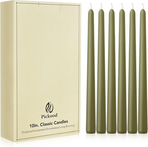 Amazon.com: Pickood New Burning Formula Unscented Dripless 10-Inch Taper Candles Set of 12 - Olive Green, for Wedding, Dinner - Smokeless, Long Burning - Hand Poured, Colored Tall Candlesticks - Verde Oliva : Home & Kitchen Dripless Taper Candles, Tall Candlesticks, Classic Candles, Wedding Dinner, Paraffin Wax, Taper Candles, Candle Set, Hand Poured, 10 Inch