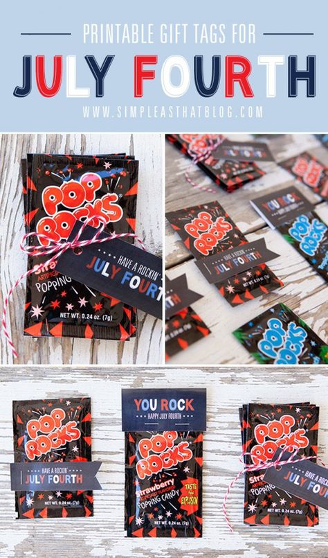 Fourth of July Favors! How cute and easy are these Pop Rocks favors? Just use a cute favor tag and some ribbon and give your guests their own little "fireworks treat"! Patriotic Printables, Easy Party Favor, Usa Tattoo, Free Printable Gifts, Printable Gift Tags, Free Printable Gift Tags, July Fourth, Tropical Punch, July Birthday