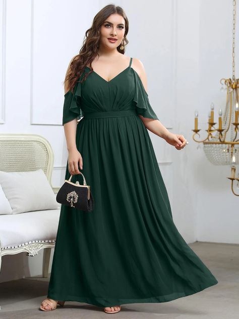 Plus Chiffon Cold Shoulder Maxi Dress | SHEIN USA Braidsmaid Dresses, Dark Green Bridesmaid Dress, Textured Bodycon Dress, Fall Bridesmaid Dresses, Cold Shoulder Maxi Dress, Green Bridesmaid Dresses, Bridesmaid Dresses Plus Size, Shein Dress, Bow Detail Dress