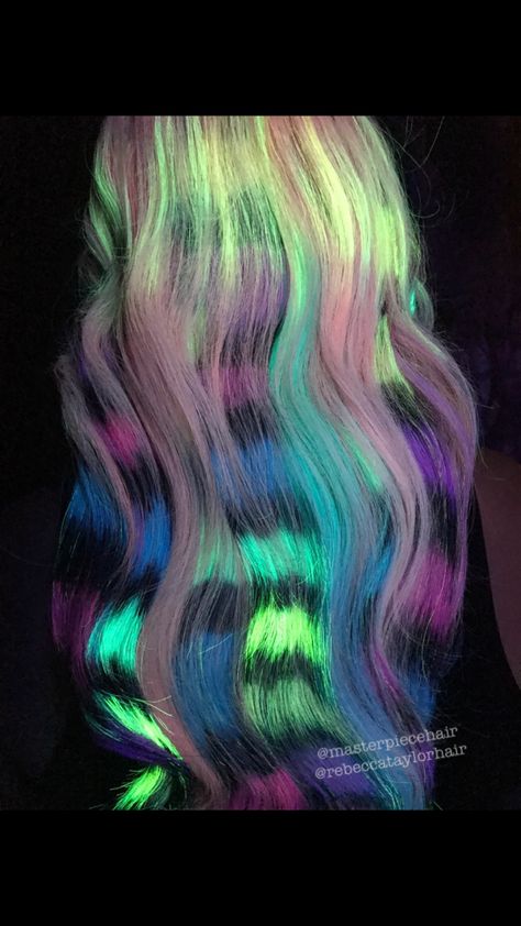 Neon hair glow in the dark hair rainbow hair Dark Rainbow Hair, Glow In The Dark Hair, 80s Hair Styles, Neon Hair Color, Hair Mood Board, Dye Inspiration, Mariana Trench, Mama Hair, Hair Rainbow