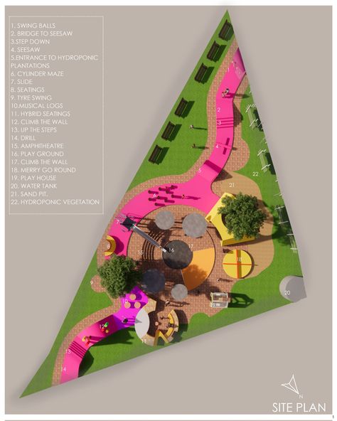 CHILD'S PLAY | Interaction Design Project Public Park Design, Barrier Free Design, Triangle Park, Children's Play Area, Playgrounds Architecture, Conceptual Model Architecture, Architecture Design Presentation, Architecture Portfolio Layout, Urban Playground