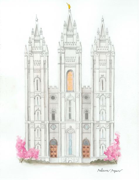 LDS Salt Lake Temple! Get your art at https://etsy.com/shop/beccaryanart! Mormon art. Artist. Salt Lake City. Latter-Day Saint. Southern Utah artist. Etsy shop. Perfect gift. Pink Flowering Bushes, Lds Young Women Activities, Lds Temple Art, Temple Drawing, Mormon Art, Salt Lake City Temple, Temple Square, Salt Lake Temple, Utah Temples