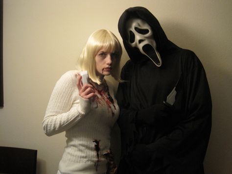 our costume inspiration: Casey Becker and Ghostface from SCREAM Ghostface And Casey Becker, Casey Becker And Ghostface, Ghostface Halloween Costume Couple, Ghostface And Drew Barrymore Costume, Scream Casey Becker Costume, Casey Becker And Ghostface Costume, Casey Becker Makeup, Scream And Casey Costume, Scream Costume Duo