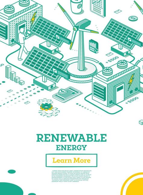 Renewable Green Energy Isometric Concept Isolated on White Background. Blue And Green Graphic Design, Green Energy Poster, Renewable Energy Poster, Renewable Energy Logo, Green Energy Design, Renewable Energy Design, Energy Poster, Renewable Energy Resources, Blue Raven