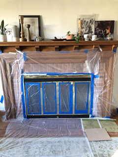 Paint Metal Fireplace Cover, Brass Fireplace Screen Makeover, Painting Metal Fireplace Insert, Fireplace Door Makeover, Painted Brass Fireplace Doors, Painted Fireplace Doors, How To Paint Fireplace Doors, How To Remove Mantle From Fireplace, Painting Fireplace Screen