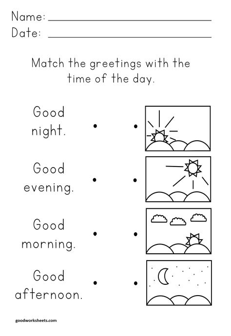 Time of the Day Worksheets Teaching Day And Night, Creative Worksheets For Kindergarten, Time Worksheets Kindergarten, Times Of The Day Worksheet, Day And Night Activities Preschool, Day And Night Worksheet, Greetings Worksheets, Morning Worksheets, Greetings For The Day