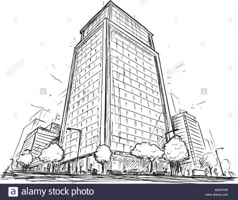 Cartoon vector architectural drawing sketch illustration of city street with high rise building. Stock Vector Sketches Perspective, Perspective Drawing Architecture, Simple Building, Architectural Sketches, Perspective Drawing Lessons, Building Sketch, Building Drawing, Building Illustration, Architecture Wallpaper