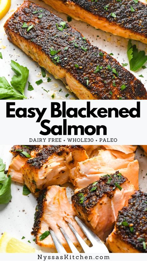 Whole 30 Blackened Salmon, Blackened Salmon Seasoning, Blackened Salmon In Oven, Soy Free Salmon Recipe, Blackened Salmon Recipes Baked, Easy Blackened Salmon, Baked Salmon Dairy Free, Paleo Baked Salmon, Oven Blackened Salmon