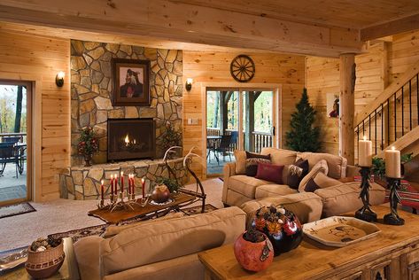 Gas fireplace, carpeted, walk-out basement with rustic pine tongue and groove walls and ceiling. Knotty Pine Walls, Country Living Room Design, Tongue And Groove Walls, Living Room Decor Rustic, Pine Walls, Cabin Living, Country Living Room, Living Room Remodel, Rustic Living