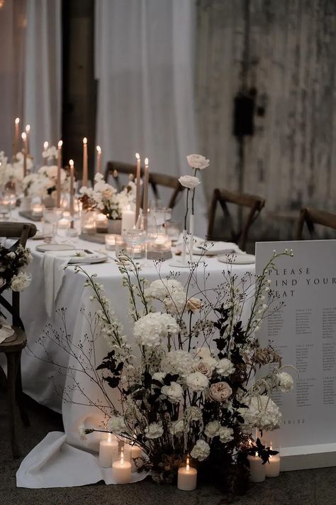 Candles Wedding Table, Sam Sparks, Beige Candles, Pillar Candles Wedding, Welsh Wedding, Wedding Top Table, Ceiling Drapes, Centrepiece Ideas, Wedding Candles Table