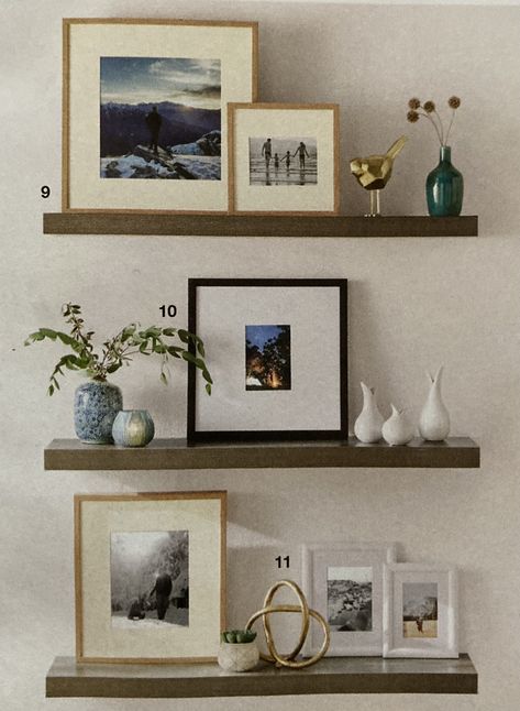 Shallow Shelf Decor, Shelf And Picture Arrangement, 3 Floating Shelves Arrangement, Simple Shelf Decor, Entryway Floating Shelves, Picture Frame Shelf, Retro Apartment, Shelves Decor, Living Room Wall Decor Ideas