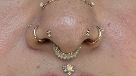 Annie | lil baby forward nostrils for one of my favorite ladies wearing a couple of 18k Desta ends from @anatometalinc ✨ • *low nostrils & septum… | Instagram Nose Peircings Double And Septum, Stacked Septum Piercing, Tiny Septum Piercing, Mantis Piercing, Septum Stack, Stacked Septum, High Nostril Piercing, Septum Gold, Septum Nose Piercing