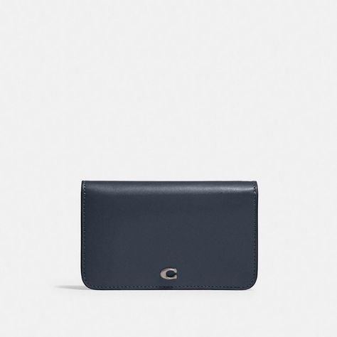 Women's COACH Slim Card Case - Blue - Wallets Detailed with our Signature hardware our sophisticated Slim Card Case is big on organization. Secured by a snap closure the bifold design features multiple card slots inside slip pockets for cash or receipts and a zip pocket for coins or small accessories. Crafted of refined leather it's finished with an exterior slip pocket for easy access items. COACH Slim Card Case - Women's - Silver/denim. Coach Slim Card Case, Small Wallets For Women, Blue Wallet, Signature Hardware, Slim Wallet, Small Accessories, Card Case, Wallets For Women, Easy Access