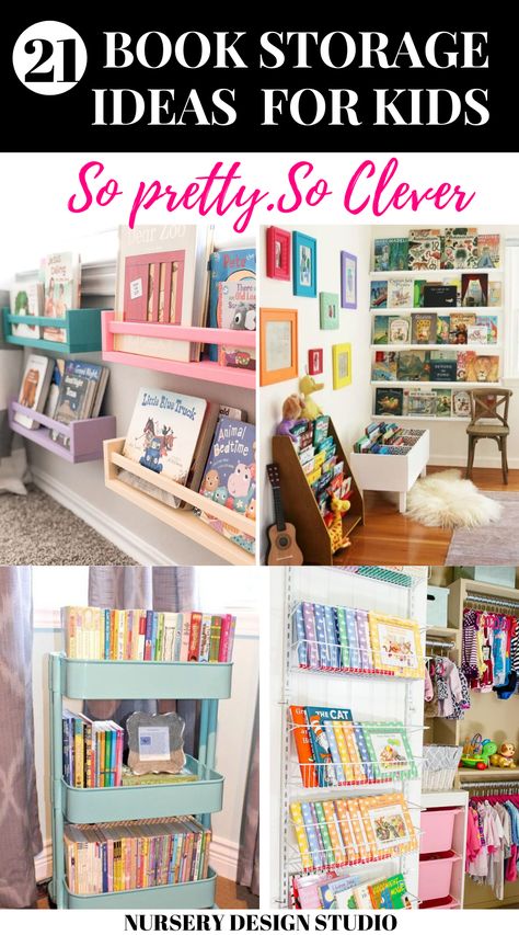 21 book storage ideas kids rooms, nurseries and playroom | These creative kids book storage ideas are  perfect for babies, tots and tweens Kids Playroom Book Storage, Living Room Kids Book Storage, Color Book Storage, Creative Storage For Kids Room, Wall Book Storage Ideas, Book Storage In Small Bedroom, Kids Bedroom Book Storage, Library Book Storage At Home, Ikea Kids Books