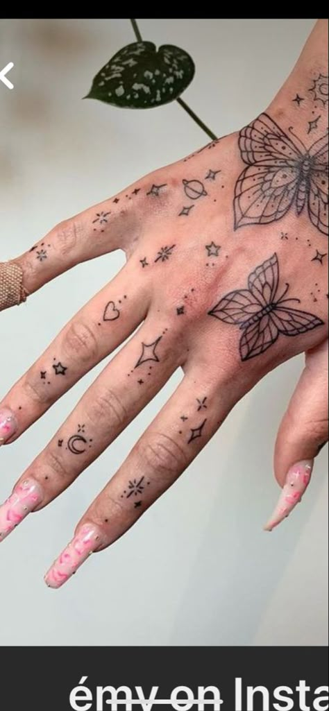 Hand Tattoos Edgy, Ethereal Hand Tattoo, Sparkle Hand Tattoos For Women, Galaxy Hand Tattoo, Sparkly Hand Tattoo, Aesthetic Finger Tattoos, Y2k Tattoo Ideas Hand, Hand Tats For Women Aesthetic, Y2k Hand Tattoo