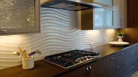 Wavy Tile Backsplash, Wavy Tile, Tile Kitchen Backsplash, White Tile Backsplash, 3d Tiles, White Backsplash, Tile Kitchen, Kitchen Room Design, Kitchen Inspiration Design