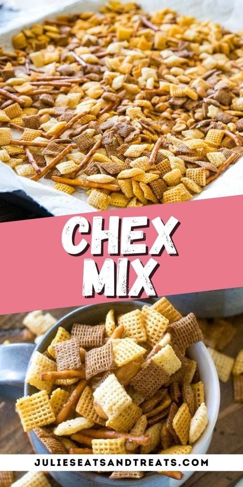 This Chex Mix is a blend of three types of Chex cereal, peanuts and pretzels tossed in a zesty butter sauce. It's our favorite snack to munch on during the holidays or to bring to parties throughout the year. Once you start munching on it you won't be able to stop! #chex #mix Savory Chex Mix Recipes, Savory Chex, Chex Mix Recipes Sweet, Homemade Chex Mix Recipe, Chex Mix Recipes Original, Chex Recipes, Original Chex, Homemade Chex Mix, Chex Mix Recipe