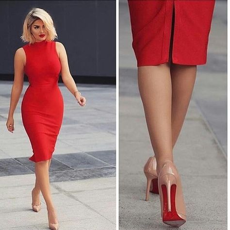 Women In Red, Robes Glamour, Woman In Red, Walking Down The Street, Red Bodycon, Red Bodycon Dress, Red Dresses, Stylish Work Outfits