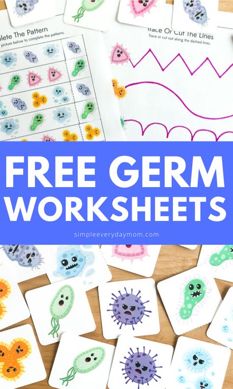 Need some fun ways to teach kids about germs? These free printable worksheets and memory game are great ways to talk and learn about germs. Do it at home or in the classroom. Download the free printables today.  #simpleeverydaymom #worksheetsforkids #kidsactivities #learningactivities #lessonplans #classroom #teachingkids #preschool #preschoolactivities #kindergarten Germs For Kindergarten, How Germs Spread Activity, Health For Preschoolers Activities, Germs Worksheets Preschool, Germ Math Activities For Preschool, Germs Kindergarten Activities, Hygiene For Preschoolers, Germ Theme For Preschool, Learning About Germs Preschool