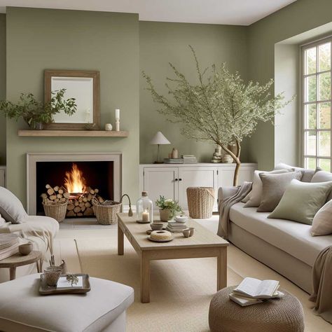 Sage Green Living Room Color Scheme, Olive Living Rooms, Sage Living Room, Green Walls Living Room, Sage Green Living Room, Green Living Room Decor, Green Living Room, Cream Living Rooms, Living Room Wall Color