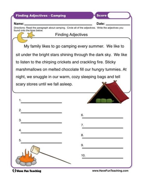 Adjectives - Have Fun Teaching Camping Worksheets, Dolch Sight Word Activities, Camping Week, Paragraph Worksheets, Adjectives Lesson, Adjectives Worksheet, Teaching Adjectives, Conjunctions Worksheet, English Activity