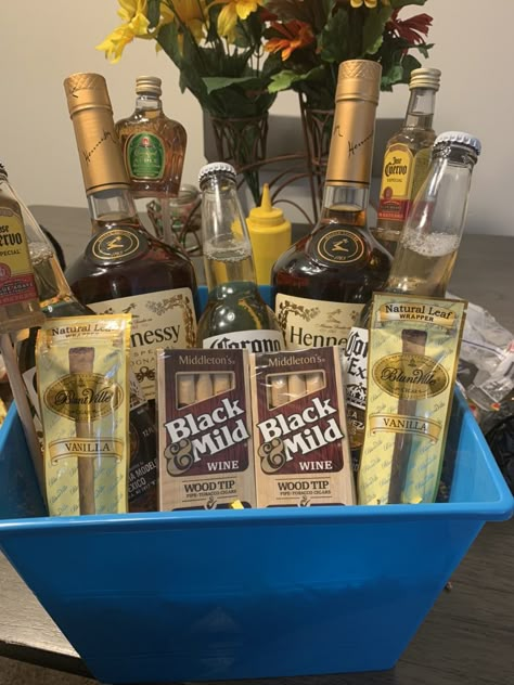 Liquor Basket Ideas Men, Brown Color Party Basket Ideas, Color Themed Gift Baskets Brown, Brown Color Theme Party Basket, Brown Basket For Color Party, Brown Color Party Basket, Color Party Basket Ideas Brown, Smoker Gift Basket, Alcohol Basket Ideas For Raffle