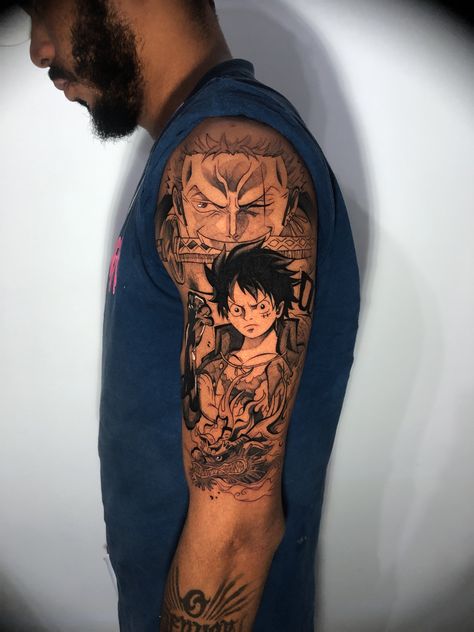 Shoulder Anime Tattoo, Monkey D Luffy Tattoo, Zoro Tattoo, Anuel Aa Wallpaper, Post Insta, One Piece Tattoos, Upper Arm Tattoos, Anime Tattoo, Fairy Tattoo