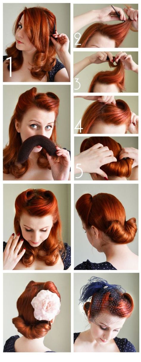 tuto montrant comment réaliser un chignon pin up facile avec boudin crêpon à chignon Cabelo Pin Up, Victory Roll, Hottest Hairstyles, Retro Wedding Hair, 50s Hairstyles, Victory Rolls, 1940s Hairstyles, Pin Up Vintage, Roll Hairstyle