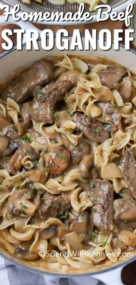 Beef Stroganoff has tender chunks of beef and mushrooms in a rich beefy gravy mixed with sour cream and served over egg noodles. Add in a side salad and some crusty bread for dipping! #spendwithpennies #beefstroganoff  #easybeefstroganoff #beefmushroomstroganoff #beefstroganoffrecipe Beef And Mushrooms, Homemade Beef Stroganoff, Bread For Dipping, Easy Beef Stroganoff, Beef Stroganoff Crockpot, Resepi Biskut, Beef Stroganoff Easy, Stroganoff Recipe, Easy Comfort Food