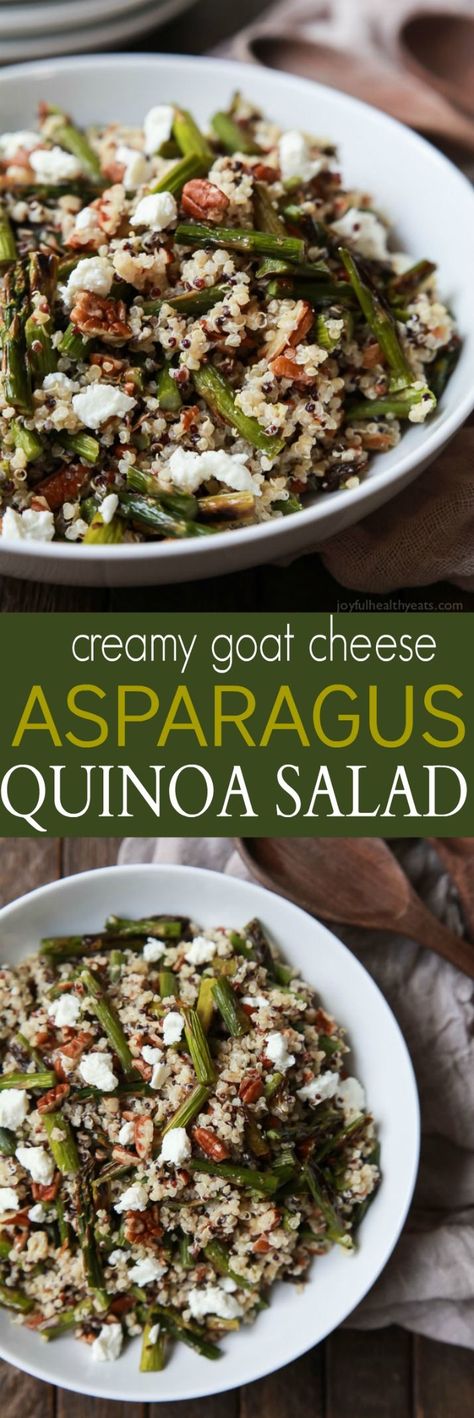 Creamy Goat Cheese Asparagus Quinoa Salad, loaded with delicious flavors your family will love. A quick easy gluten free recipe that makes a great lunch or side dish. | joyfulhealthyeats.com Asparagus Quinoa, Gym Meals, Gf Salads, Cheese Asparagus, Salad Quinoa, Jar Salad, Creamy Goat Cheese, Quinoa Salat, Salads Recipes