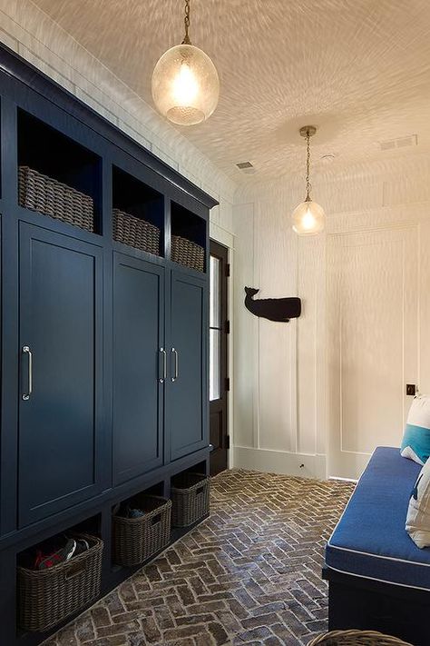 Navy Blue Mudroom, Blue Mudroom, Brick Herringbone Floor, Mudroom Cabinetry, Mudd Room, Brick Herringbone, Mudroom Locker, Herringbone Floors, Brick Floor