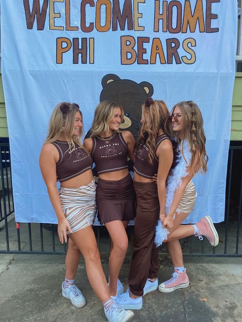 Alpha phi bid day bear ideas theme aesthetic brown phi bears Phi Bear Bid Day, Alpha Phi Bid Day Themes, Bear Bid Day Theme, Alpha Phi Aesthetic, Bear Big Little Reveal, Bear Bid Day, Cute Big Little Reveal Themes, Sorority Big Little Reveal Theme, Pi Phi Bid Day