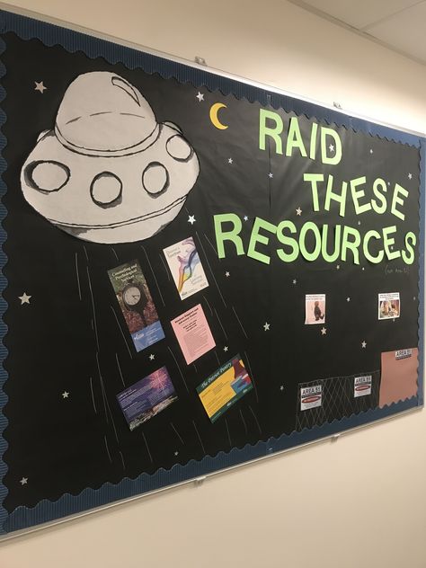 An RA board for campus resources with an Area 51 meme theme! Spaceship Bulletin Board Ideas, Ra Bulletin Boards Campus Resources, Ra Bulletin Boards Resources, Ra Space Theme, Ra Floor Decorations, Ra Duty Board, Ra Poster Ideas, Ra Hall Decorations, Ra Floor Themes Ideas