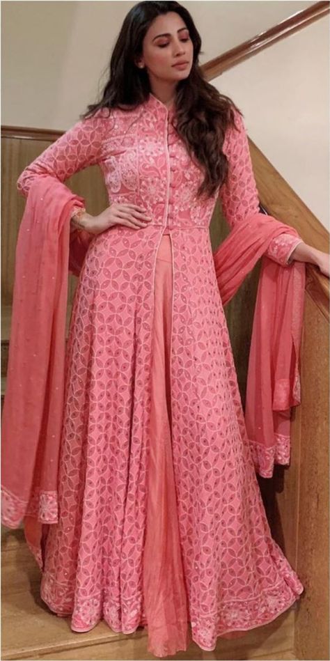 Chikankari floor-touching suit worn by Daisy Shah  Contact our Stylist for any queries or price details at +91-9990224411 Daisy Shah, Daisy, Dresses With Sleeves, Long Sleeve Dress, Maxi Dress, Pattern, Dresses, Quick Saves, Design