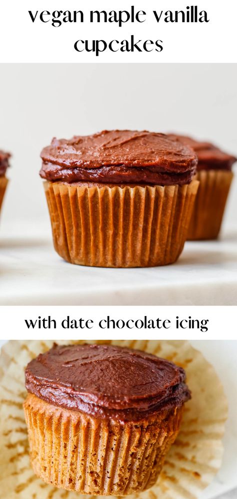 These easy vegan cupcakes are sweetened with maple syrup and topped with date chocolate icing, so they are refined sugar-free. Perfect for when the dessert craving hits but you want something a little healthier. Sugar Free Cupcakes, Avocado Frosting, Vegan Vanilla Cupcakes, Cupcakes With Chocolate, Coffee Cupcakes, Vegan Party, Buttercream Cupcakes, Vegan Cupcakes, Chocolate Icing