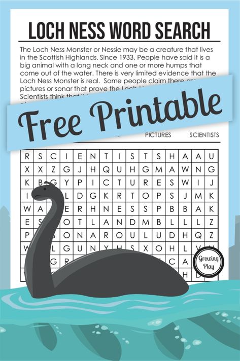 Combine learning with play with this free Loch Ness Monster word search that includes information about the mythical creature too! Loch Ness Monster Craft, Cryptid Crafts, Loch Ness, Mythical Water Creatures, Monster Activities, Free Word Search Puzzles, Map Of Britain, Word Search Puzzles Printables, Monster Craft